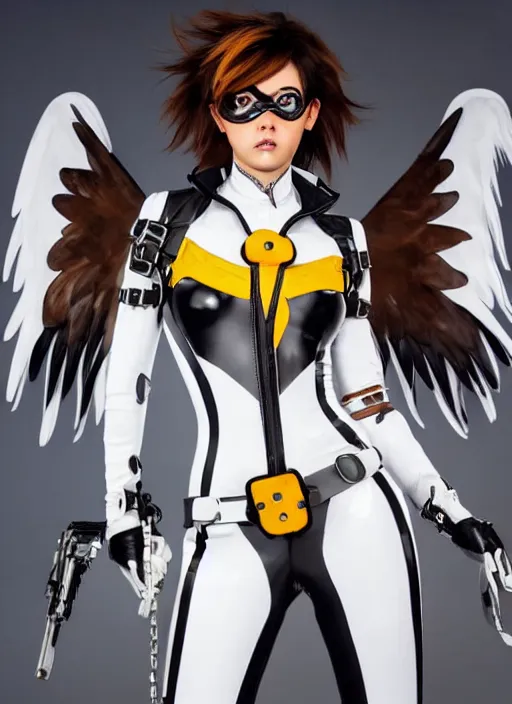 Image similar to full body artwork of tracer overwatch, wearing white latex and leather straps catsuit outfit, in style of mark arian, angel wings, dramatic painting, wearing detailed leather collar, chains, black harness, detailed face and eyes,