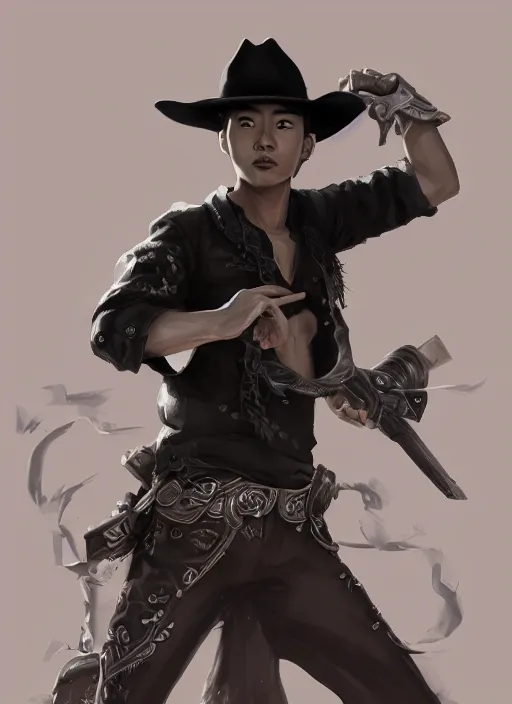 Prompt: a highly detailed illustration of korean man as cowboy wearing black cowboy hat, dramatic wielding gun pose, perfect face, intricate, elegant, highly detailed, centered, digital painting, artstation, concept art, smooth, sharp focus, league of legends concept art, wlop