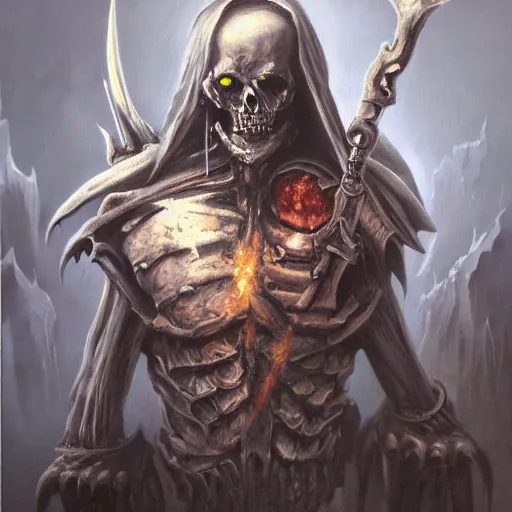 Image similar to a hyper realistic oil painting of a necromancer from diablo, dark fantasy, horror, crypt, skeleton army, retro fantasy,