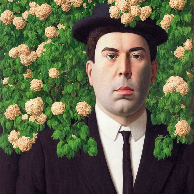 Prompt: portrait of a man, beautiful flowers are growing as his head, by rene magritte, detailed painting, hd, hq, high resolution, high detail, 4 k, 8 k