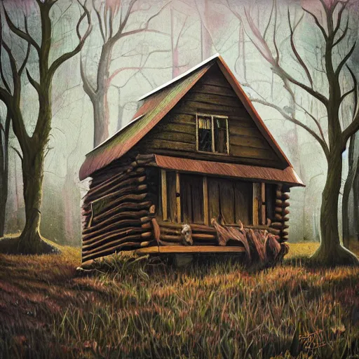 Image similar to a painting of a Eerie cabin in the middle of the woods in the style of a death metal album cover