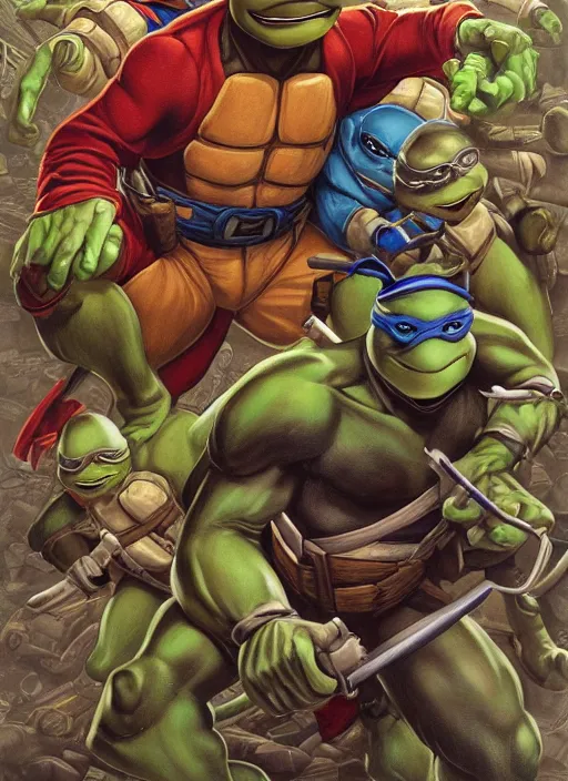 Prompt: portrait of Teenage Mutant Ninja Turtle in Society (1989), highly detailed, centered, solid color background, digital painting, artstation, concept art, smooth, sharp focus, illustration, artgerm, donato giancola, Joseph Christian Leyendecker, Les Edwards, Ed Repka, WLOP, Artgerm