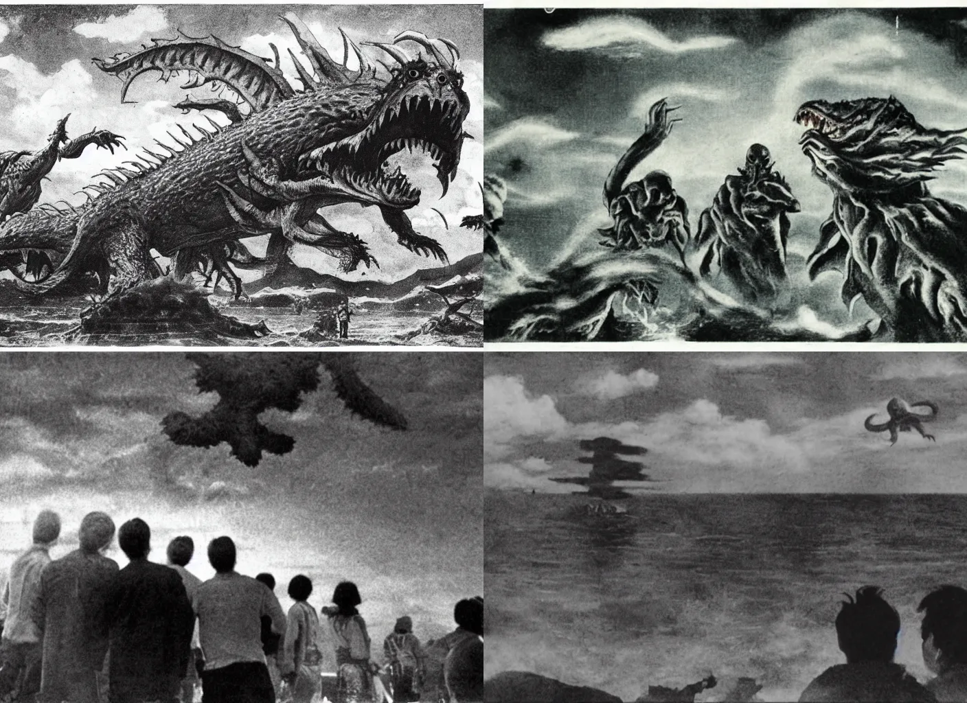 Prompt: Men look up at the sky, frightened, a scene from a TOHO monster movie.