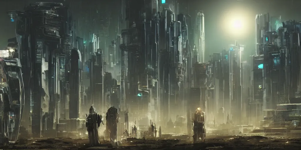 Image similar to a cinematic composition depicting : a translucid crystal - being viewing how a high tech solarpunk tribe with their technology is encroaching on a distant cyberpunk world with white clad buildings at full moon light