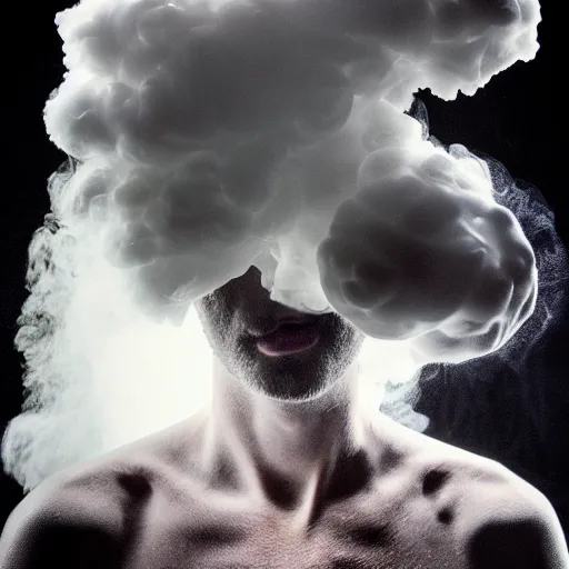 Prompt: artistic annie liebowitz photo of a man who's head is turning into a puff of smoke