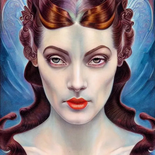 Image similar to an art nouveau, ( streamline moderne ), multi - racial portrait in the style of donato giancola and anna dittmann and charles dulac. very large, clear, expressive, and intelligent eyes. symmetrical, centered, ultrasharp focus, dramatic lighting, photorealistic digital matte painting, intricate ultra detailed background.