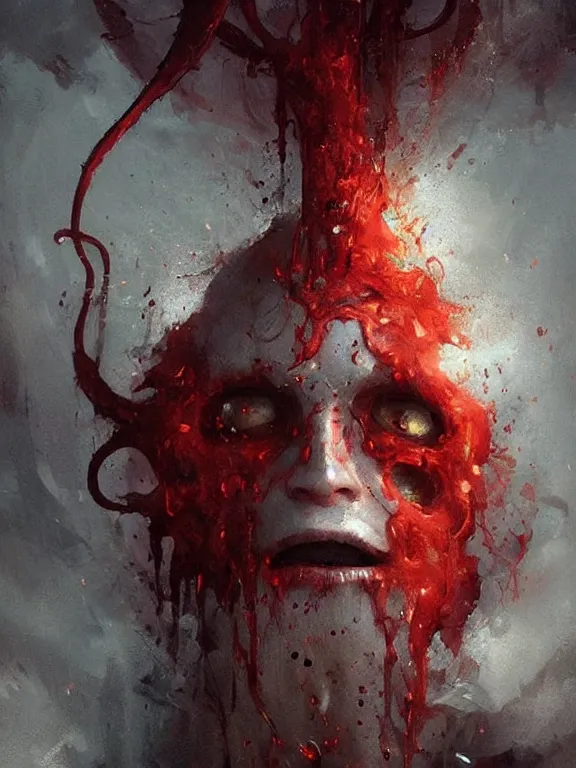 Image similar to painting by greg rutkowski a flying human head with tears running down it's face face that is chalk white in color, with long white!! tentacles!! coming out of the neck, fiery scorching red eyes, flying in a terrying hellish dark cavernous place