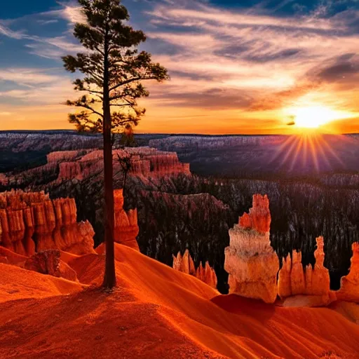 Prompt: sunset light landscape with bryce canyon, lots of sparkling details and sun ray ’ s, blinding backlight, smoke, volumetric lighting, colorful, octane, 3 5 mm, epic colored reflections, very colorful heavenly, softlight