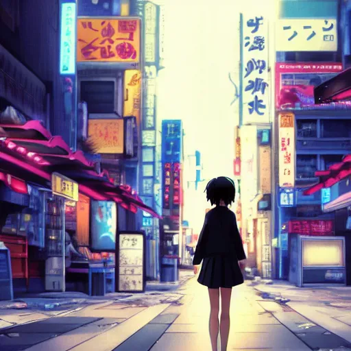 Prompt: anime visual, girl turning her head facing the camera and her long, black hair flinging, at night in the streets of tokyo, shinkai makoto, your name, weather with you, 5 centimeter per second, key visual