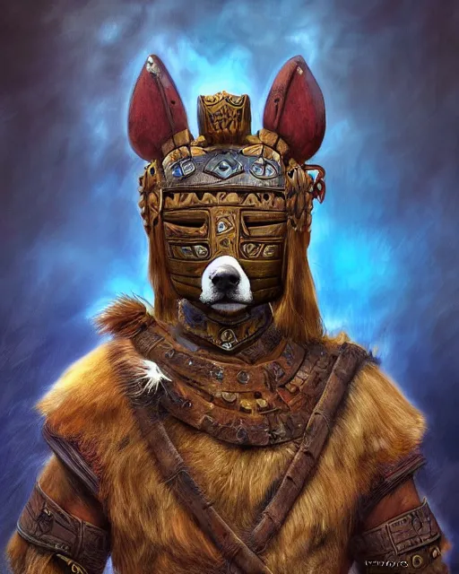 Prompt: digital painting of masked incan dog warrior, by filipe pagliuso and justin gerard, symmetric, fantasy, realistic, highly detailed, realistic, intricate, sharp focus, tarot card, portrait, peruvian