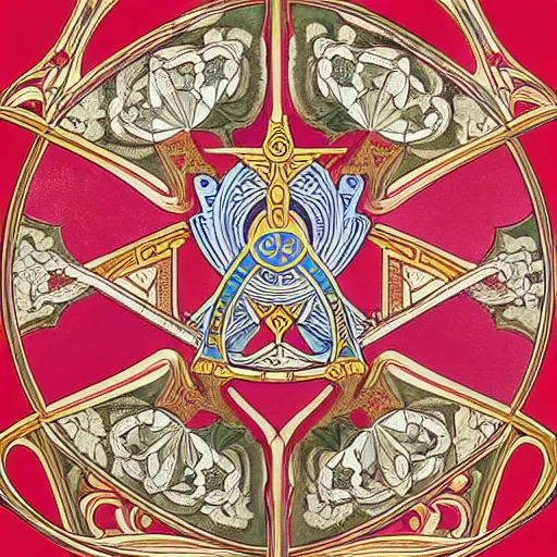 Image similar to symmetrical mural painting from the early 1 9 0 0 s in the style of art nouveau, red curtains, art nouveau design elements, art nouveau ornament, scrolls, flowers, flower petals, rose, opera house architectural elements, mucha, masonic symbols, masonic lodge, joseph maria olbrich, simple, iconic, masonic art, masterpiece, artgerm