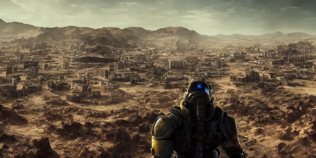 Prompt: a photo of a place where the desert meets the ocean, incredible vista of an advanced city next to a ruined city, a sole survivor looks into the camera, fallout new vegas, mass effect, no man's sky, tarot card, mystical, concept art, art station