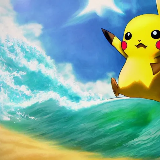 Image similar to pikachu surfing on a wave made of green slime, pokemon tcg image, trending on artstation