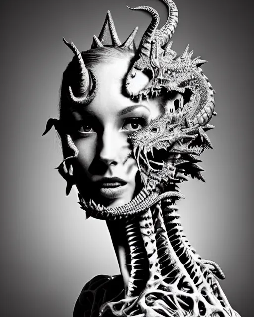 Prompt: a black and white high quality old photo of a young beautiful female queen-dragon-cyborg bust with a very long neck and Mandelbrot fractal face, Mandelbrot fractal skin, flesh, anatomical, facial muscles, veins, arteries, elegant, highly detailed, flesh highly baroque ornate, hair are wired cables, elegant, high fashion, rim light, octane render, in the style of H.R. Giger and Louis Daguerre, Realistic, tintype, Refined, Digital Art, Highly Detailed, Cinematic Lighting, rim light, black and white, photo-realistic, 8K