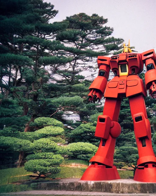 Image similar to a lomographic photo of old gigantic gundam mecha, standing tall above a typical japanese yard in small town, hikone on background, cinestill, bokeh