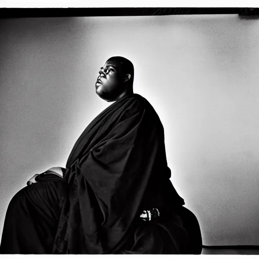 Prompt: The Notorious BIG as a Buddhist monk, award-winning photography