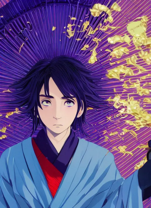 Image similar to teenager boy with straight indigo hair, purple eyes with red eye markers, slim body, wearing a detailed Japanese kimono with golden armpieces, holding a pair of fans. rich vivid colors, ambient lighting, dynamic lighting, 4k, official media, anime key visual, makoto shinkai, ilya kuvshinov, lois van baarle, rossdraws, detailed, trending on artstation