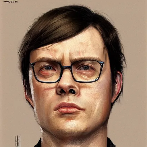 Prompt: hyper realistic, portrait of dwight shrute : : 2, ethnicity : japanese, epicanthal fold, painted by greg rutkowski, wlop, loish,