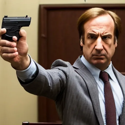 Prompt: saul goodman holding a handgun inside a courtroom, wide shot