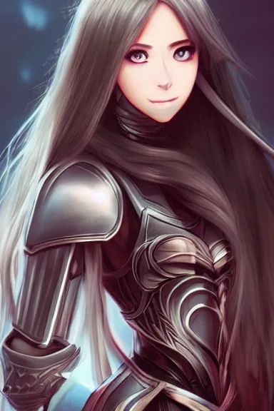 Image similar to a portrait of an attractive knight female anime character with long hair, artgerm