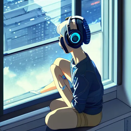 Prompt: cyborg - girl with silver hair, wearing headphones, and sitting on a window sill, highly detailed, painting, dark blue and black color palette, intricate, high quality anime artstyle, in the style of makoto shinkai