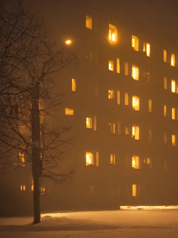 Prompt: film still of low soviet residential building in russian suburbs, lights are on in the windows, deep night, post - soviet courtyard, cozy atmosphere, winter, heavy snowб light fog, street lamps with orange light, several birches nearby, several elderly people stand at the entrance to the building