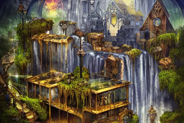Image similar to gothic waterfall favela honeybee hive, art nouveau environment, godbeams, industrial factory, award winning art, epic dreamlike fantasy landscape, ultra realistic,