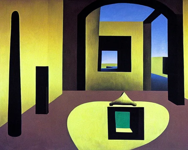 Prompt: aztec art style. liminal space. the backrooms. sun temple. magritte and matisse and yves tanguy art style