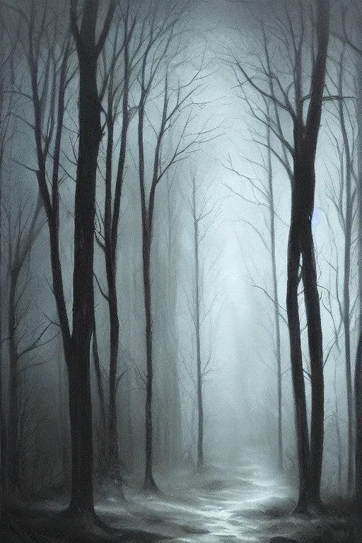 Prompt: dark and spooky woods. atmospheric, foggy, oil painting on canvas. fairytale with a wolf with glowing white eyes