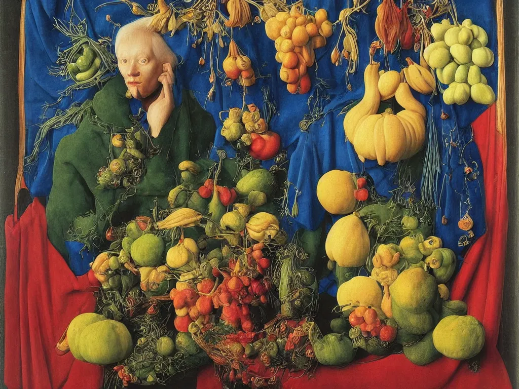 Prompt: Portrait of albino mystic with blue eyes, with exotic beautiful fruit Painting by Jan van Eyck, Audubon, Rene Magritte, Agnes Pelton, Max Ernst, Walton Ford