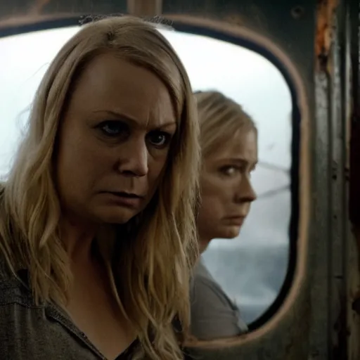 Image similar to trainwreck, boxcar on fire, atmospheric and depressed, post-apocalyptic, Cinematic, film still from a horror movie