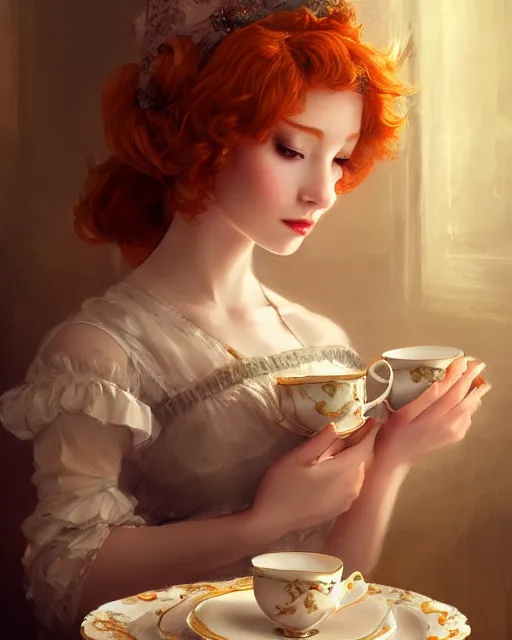 Prompt: maid cafe, ornate tea cup, perfect face, bonnet, elegant dress, ginger hair, cinematic, stunning, highly detailed, digital painting, artstation, smooth, hard focus, illustration, art by jessica rossier and and brian froud