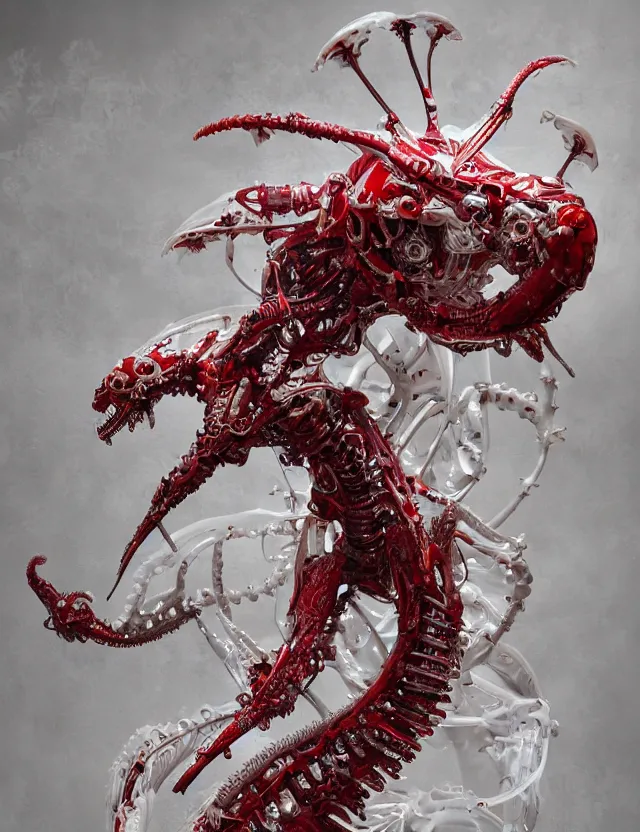 Image similar to legendary white dragon, red biomechanical details, wearing epic bionic cyborg implants, inflateble shapes, wires, tubes, red veins, jellyfish, masterpiece, intricate, biopunk, highly detailed, artstation, concept art, cottage core, cinematic focus, polaroid photo, bleached, vintage, high - key lighting, soft lights, foggy, by tarkovsky, 8 k