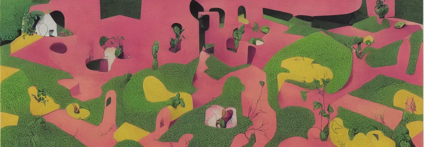 Image similar to a garden filled rabbit shape pink rock, by m. c. escher, yellow, green, red, snowy, ultra sharp, ultra detailed, happy, uplifting, colorized by salvador dali