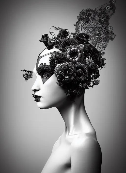 Image similar to black and white dreamy foggy poetic smoky profile face portrait, one silver steampunk realistic eye biomechanical beautiful angelic young female cyborg - robot bust, body ribs meshes,, volumetric light, hibiscus flowers, by cecile beaton, rim light, big gothic fashion pearl embroidered collar, 8 k