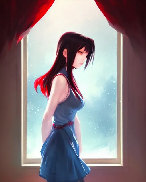 Image similar to elegant tifa lockhart in a red cottagecore dress, portrait, illustration, rim light, top light, clear blue sky, winter, perfectly shaded, soft painting, art by krenz cushart and wenjun lin