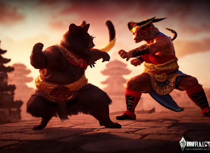 Prompt: hamster dressed as shao khan fights a cat dressed as kung lao in mortal kombat on the background of an ancient temple. fantasy magic style. highly detailed 8 k. intricate. lifelike. soft light. sony a 7 r iv 5 5 mm. unreal engine with nanite and path tracing