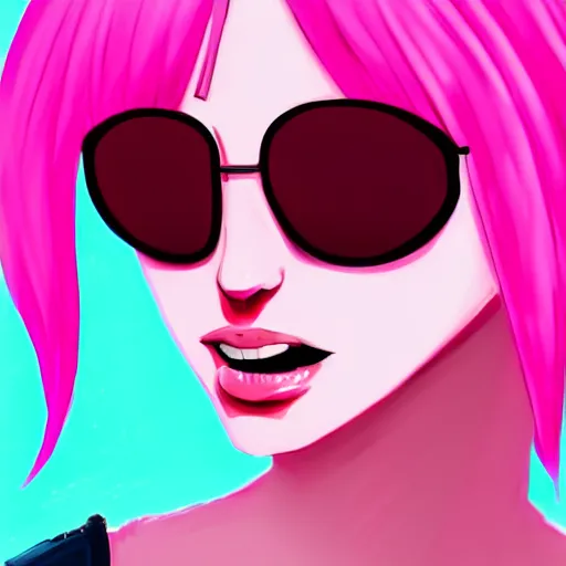 Prompt: girl with pink hair and red horns wearing sunglasses, digital painting, artstation, devian art, 4 k, hd, anime