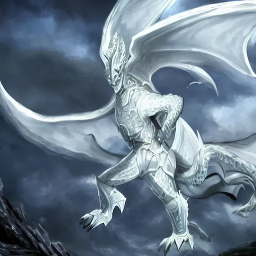 Image similar to a legendary white knight wiekling an enchanted curved sword, riding a white dragon with blue eyes, tearing through an army of grey ghouls, hd wallpaper