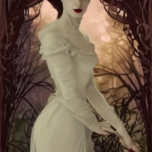 Prompt: Gothic beautiful vampire woman with captivating stare mistress of death mourning widow, white victorian dress, faint smile, shoulder over face, in foggy smoke forest, trending artstation, detailed fantasy portrait academic, sharp focus, alphonse mucha