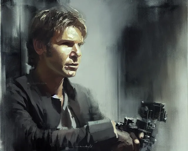 Prompt: portrait of young han solo young harrison ford in shades of grey but with brown by jeremy mann