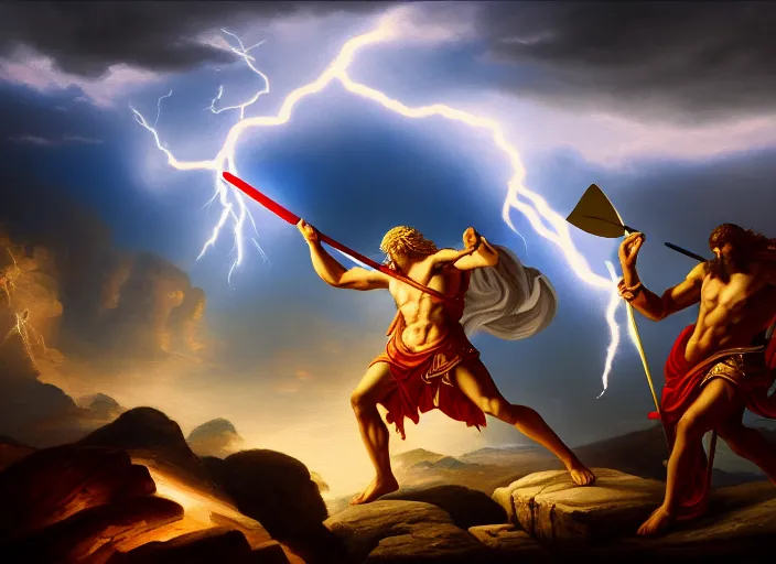 Image similar to soft painting of zeus fighting chronos with a spear of lightning at the top of mount olympus. fantasy style. highly detailed 8 k. intricate. lifelike. soft light. nikon d 8 5 0 5 5 mm. dof. cinematic post - processing.