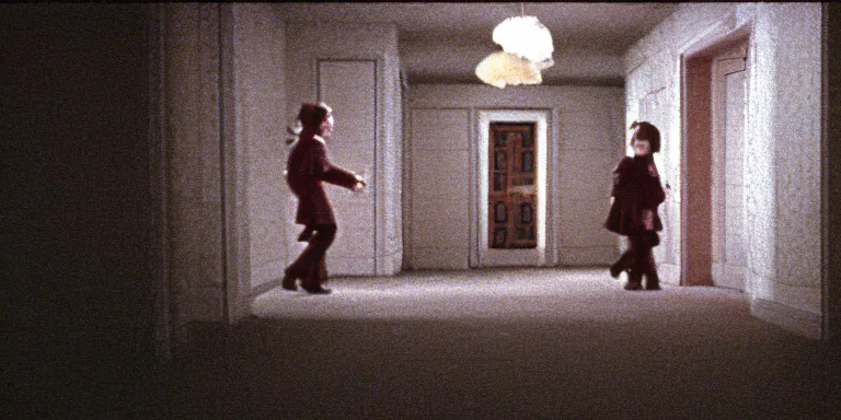 Image similar to photorealistic ultra wide cinematography of danny and wendy torrance from stanley kubrick's 1 9 8 0 film the shining, walking inside and navigating through the hedge labyrinth outside overlook hotel shot on 3 5 mm eastman 5 2 4 7 film by the shining cinematographer john alcott shot on a wide kinoptik tegea 9. 8 mm lens. with golden ratio composition