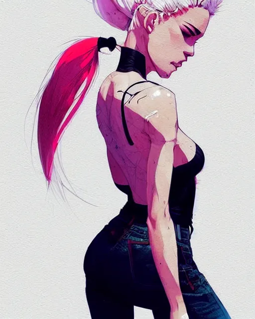 Image similar to a ultradetailed beautiful back painting of a stylish woman with white hair in a short pony tail, she is wearing jeans, by conrad roset, greg rutkowski and makoto shinkai trending on artstation