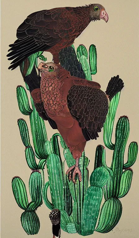 Prompt: big turkey vulture sitting on cactus by Shen Quan, hanging scroll, ink and colours on silk