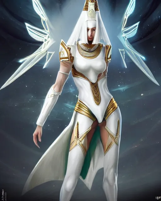 Prompt: perfect white haired attractive egyptian goddess, warframe armor, pharaoh headdress, beautiful, symmetric, dreamy, half asian, pretty face, green eyes, charlize theron, detailed, scifi platform, laboratory, experiment, 4 k, ultra realistic, epic lighting, android body, illuminated, cinematic, masterpiece, art by akihito tsukushi, voidstar