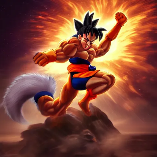 Image similar to cat goku special attack charging, golden hour, fantasy, sharp focus, digital art, hyper realistic, 4 k, unreal engine, highly detailed, hd, dramatic lighting by brom, trending on artstation