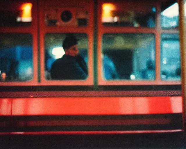 Image similar to a lomographic photo of russian lone man sitting in bus station at early evening in small town, cinestill, bokeh, out of focus