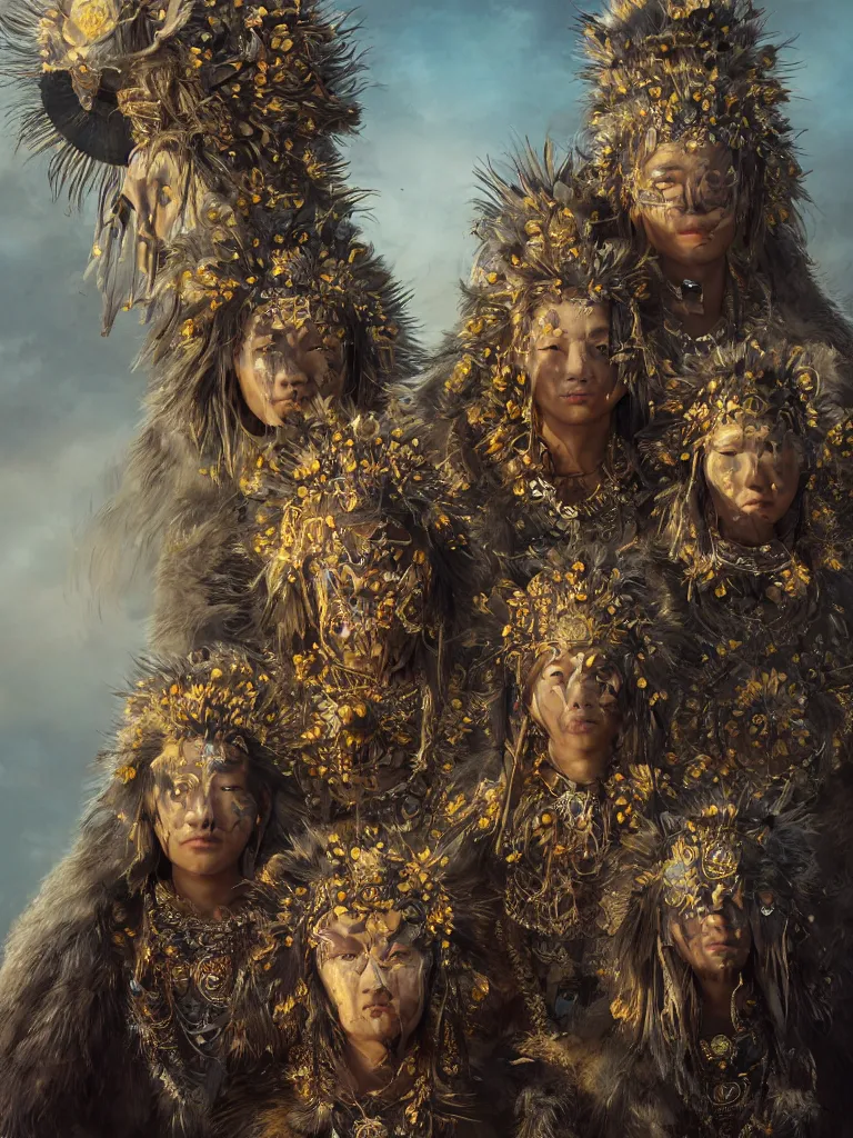 Image similar to a fancy portrait of the sacred sunflower people, a divine mongolian tribe, by Greg Rutkowski, Sung Choi, Mitchell Mohrhauser, Maciej Kuciara, Johnson Ting, Maxim Verehin, Peter Konig, Bloodborne, macro lens, 35mm, 8k photorealistic, cinematic lighting, HD, high details, atmospheric