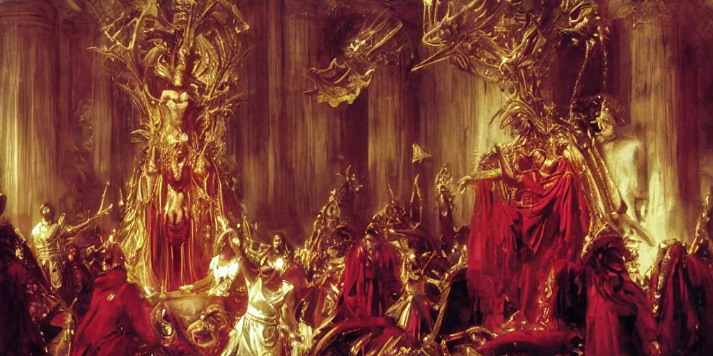 Prompt: beautiful oil painting, high details, alien in royal crimson robes enthroned as the alien god emperor of ancient civilization surrounded by servants in gilded halls a golden wreath upon his head, by anders zorn, wonderful masterpiece by greg rutkowski, beautiful cinematic light, american romanticism, by giger, rolf armstrong, ernie barnes, thomas lawrence, greg rutkowski